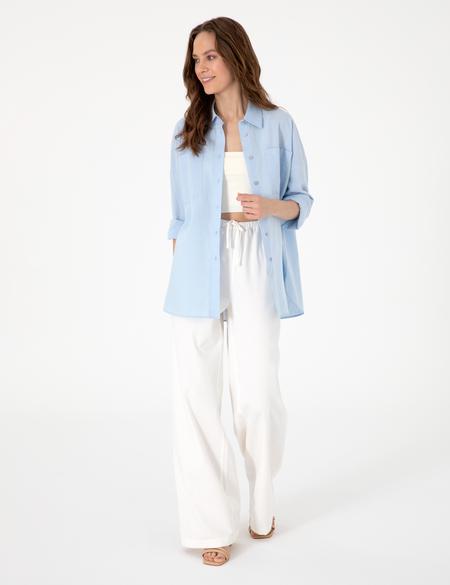Mavi Oversize Keten Karışımlı Uzun Kollu Gömlek - 50313128027