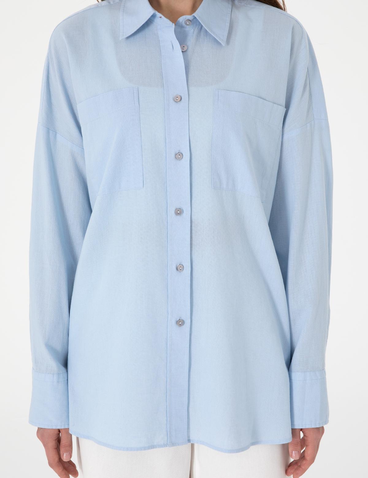 Mavi Oversize Keten Karışımlı Uzun Kollu Gömlek - 50313128027