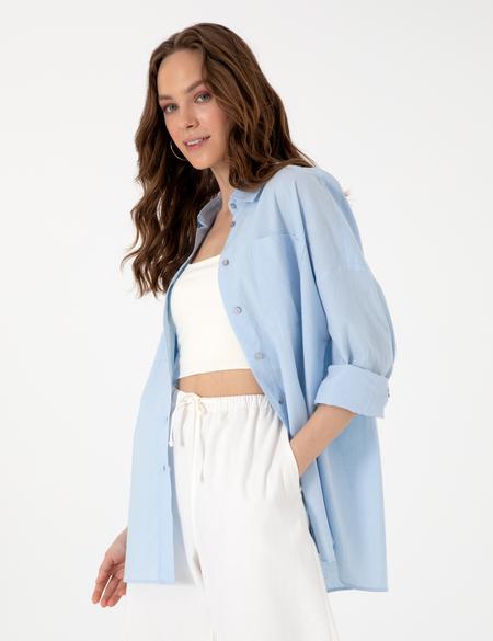 Mavi Oversize Keten Karışımlı Uzun Kollu Gömlek - 50313128027