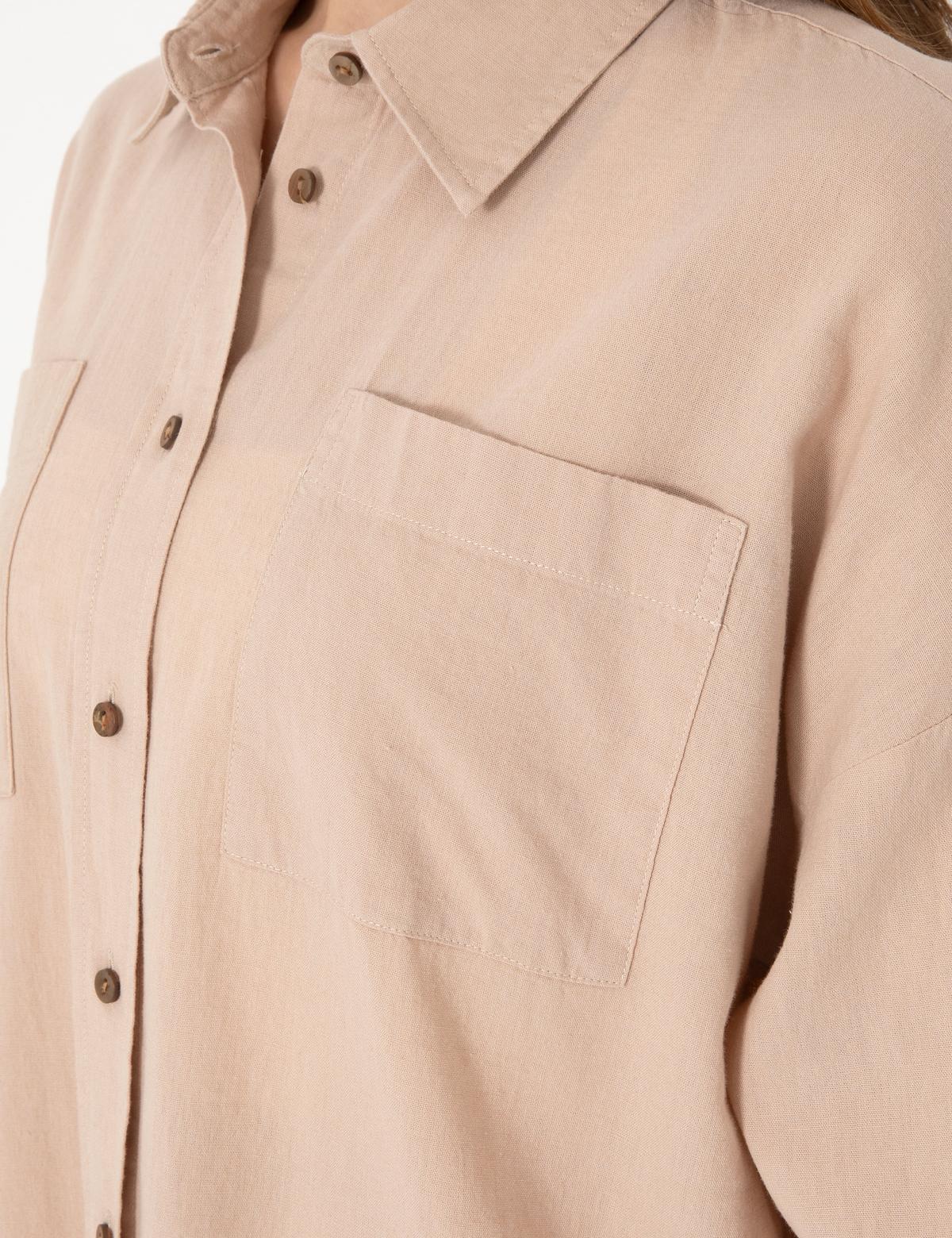 Bej Oversize Keten Karışımlı Uzun Kollu Gömlek - 50313128034