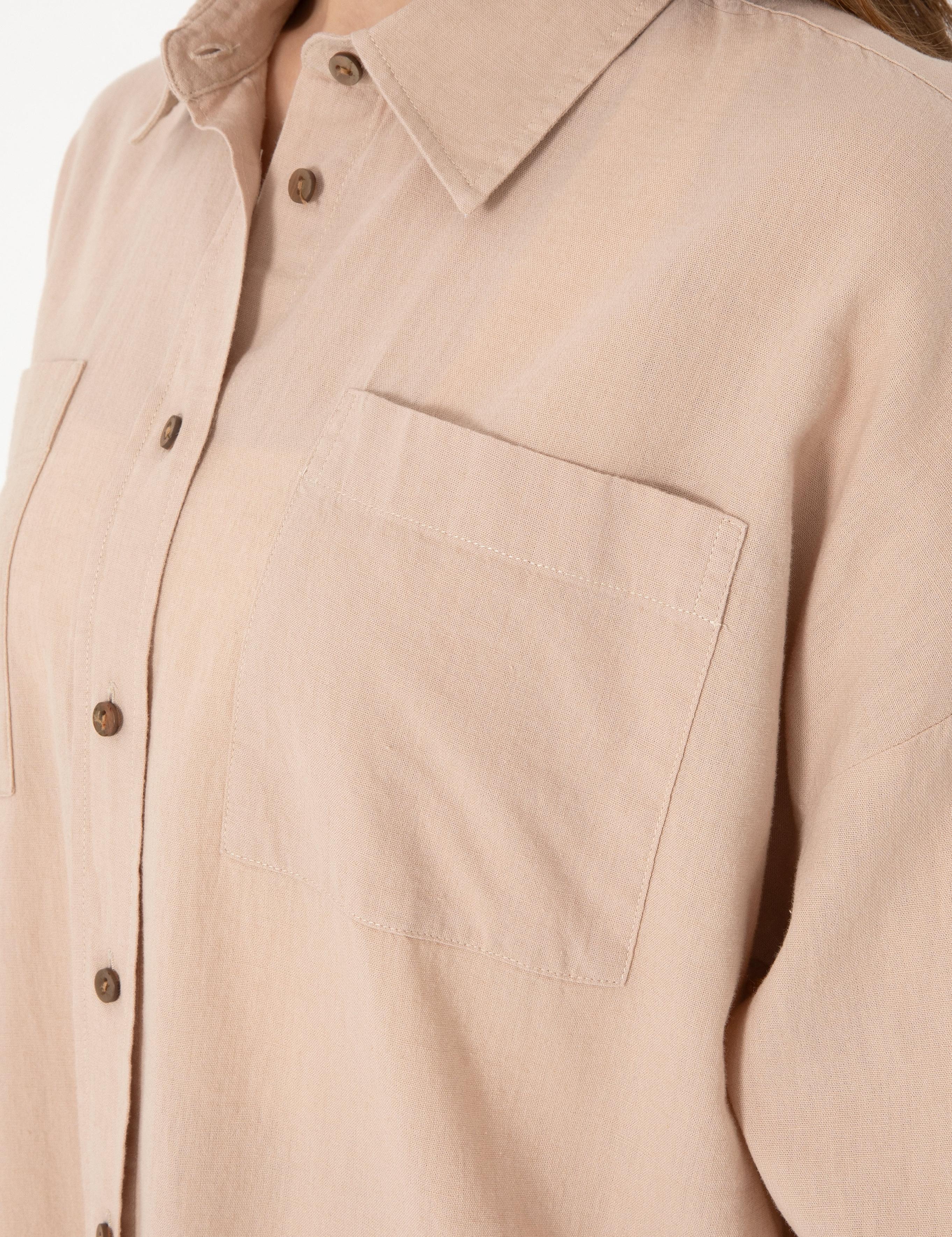 Bej Oversize Keten Karışımlı Uzun Kollu Gömlek
