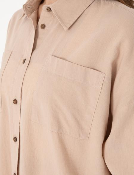 Bej Oversize Keten Karışımlı Uzun Kollu Gömlek - 50313128034