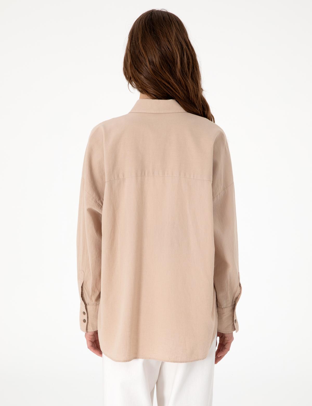Bej Oversize Keten Karışımlı Uzun Kollu Gömlek - 50313128034