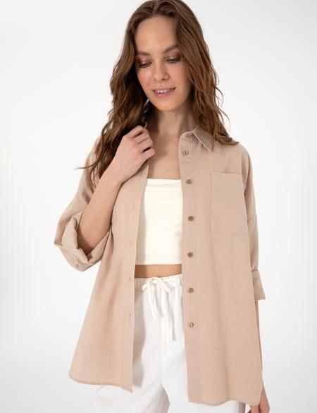 Bej Oversize Keten Karışımlı Uzun Kollu Gömlek - 50313128034