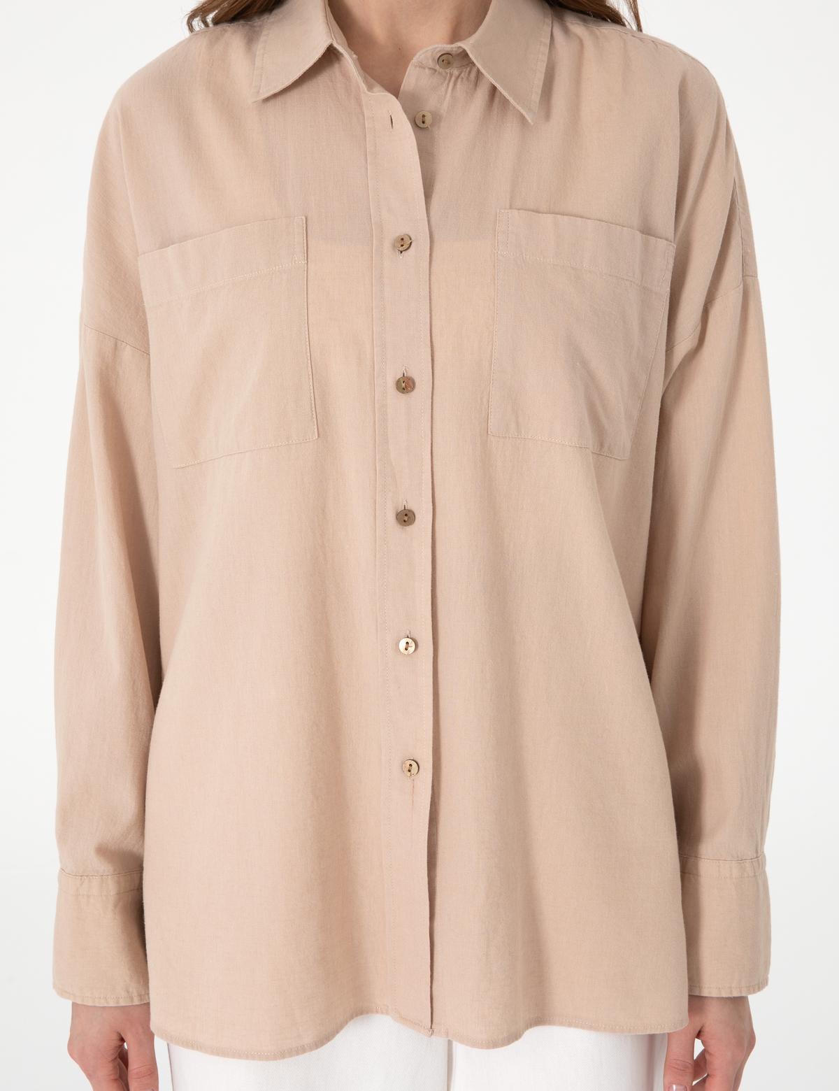 Bej Oversize Keten Karışımlı Uzun Kollu Gömlek - 50313128034