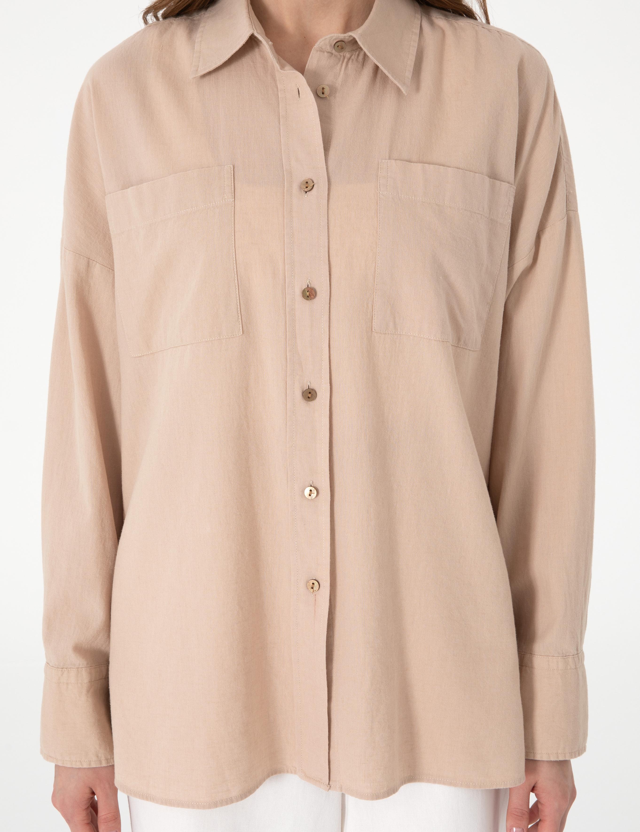 Bej Oversize Keten Karışımlı Uzun Kollu Gömlek