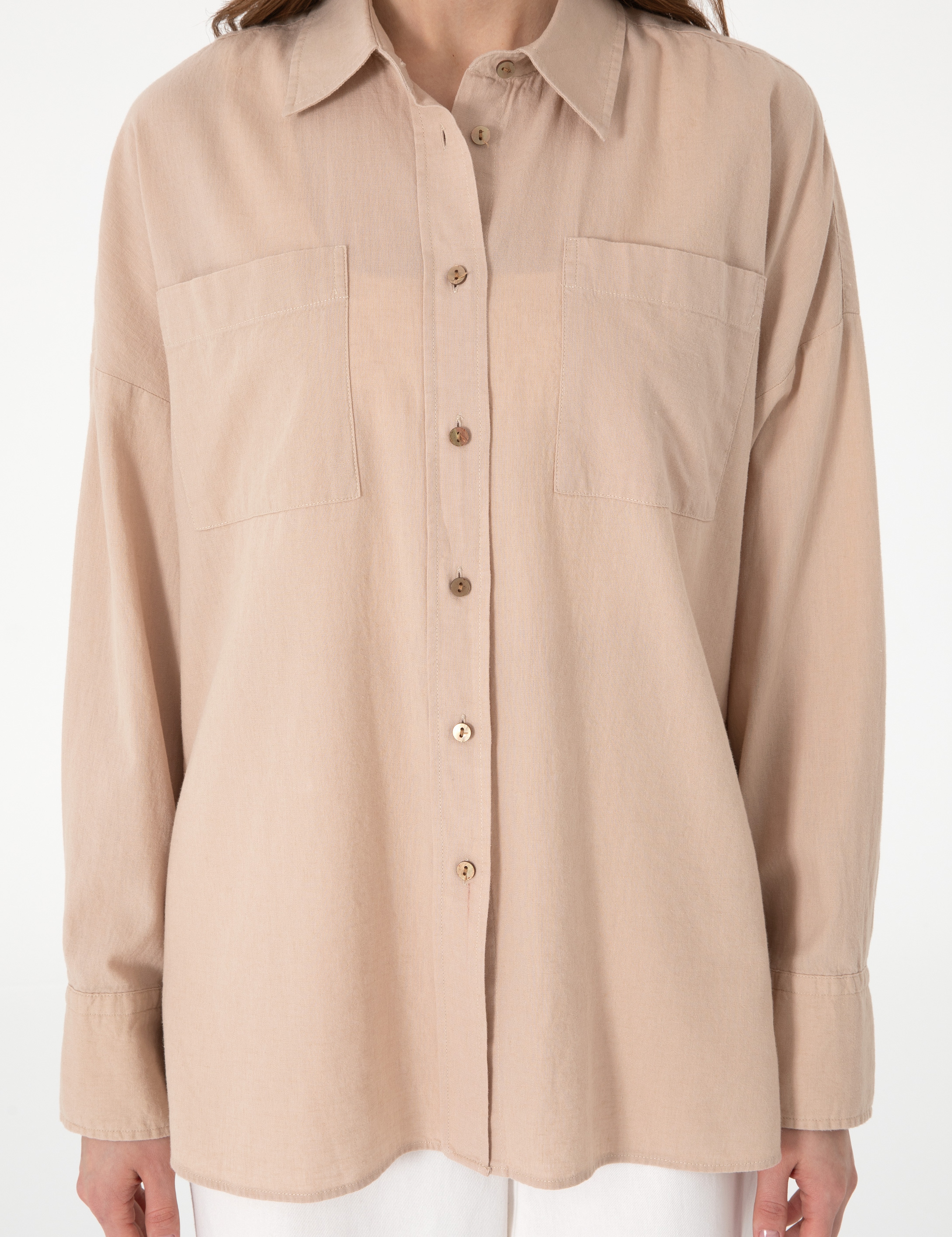 Bej Oversize Keten Karışımlı Uzun Kollu Gömlek - Image 6