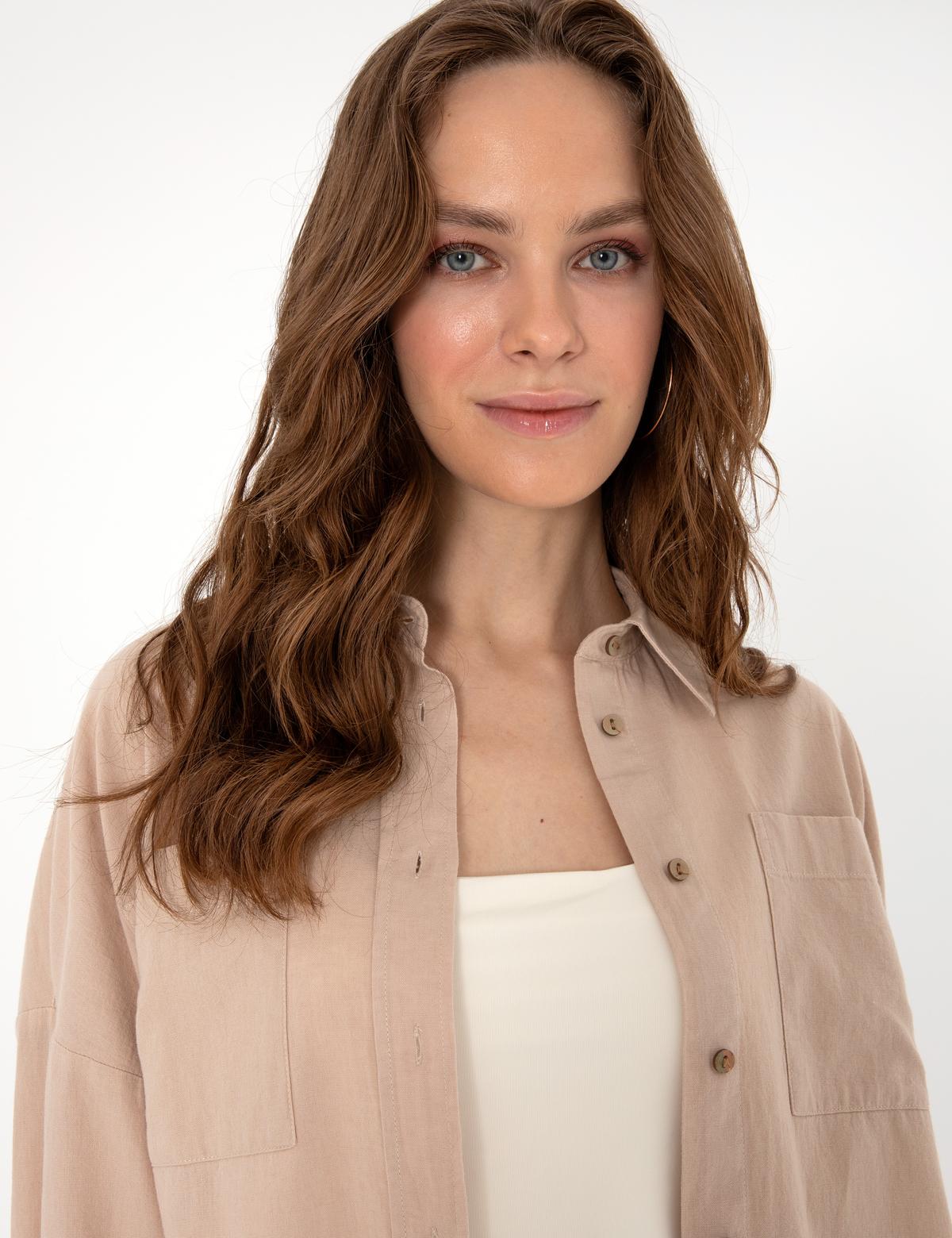 Bej Oversize Keten Karışımlı Uzun Kollu Gömlek - 50313128034