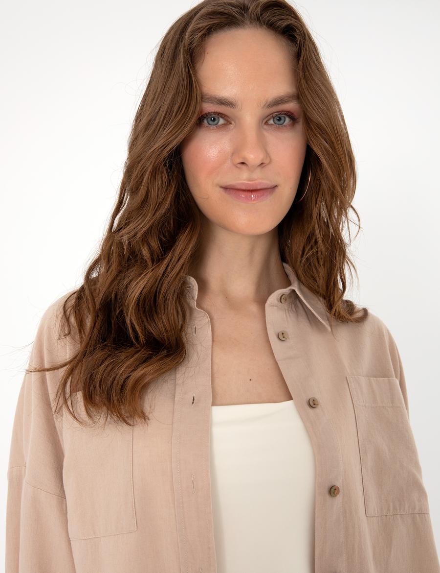 Bej Oversize Keten Karışımlı Uzun Kollu Gömlek