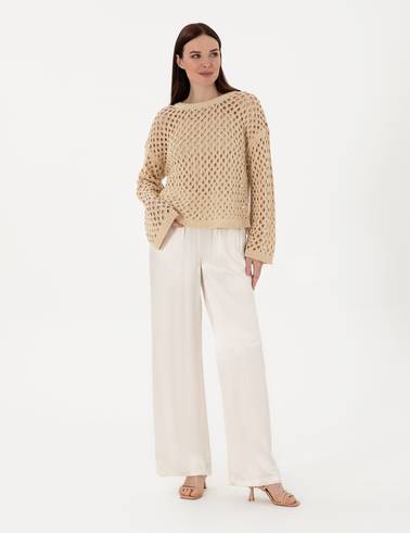 Ekru Saten Loose Fit Pantolon