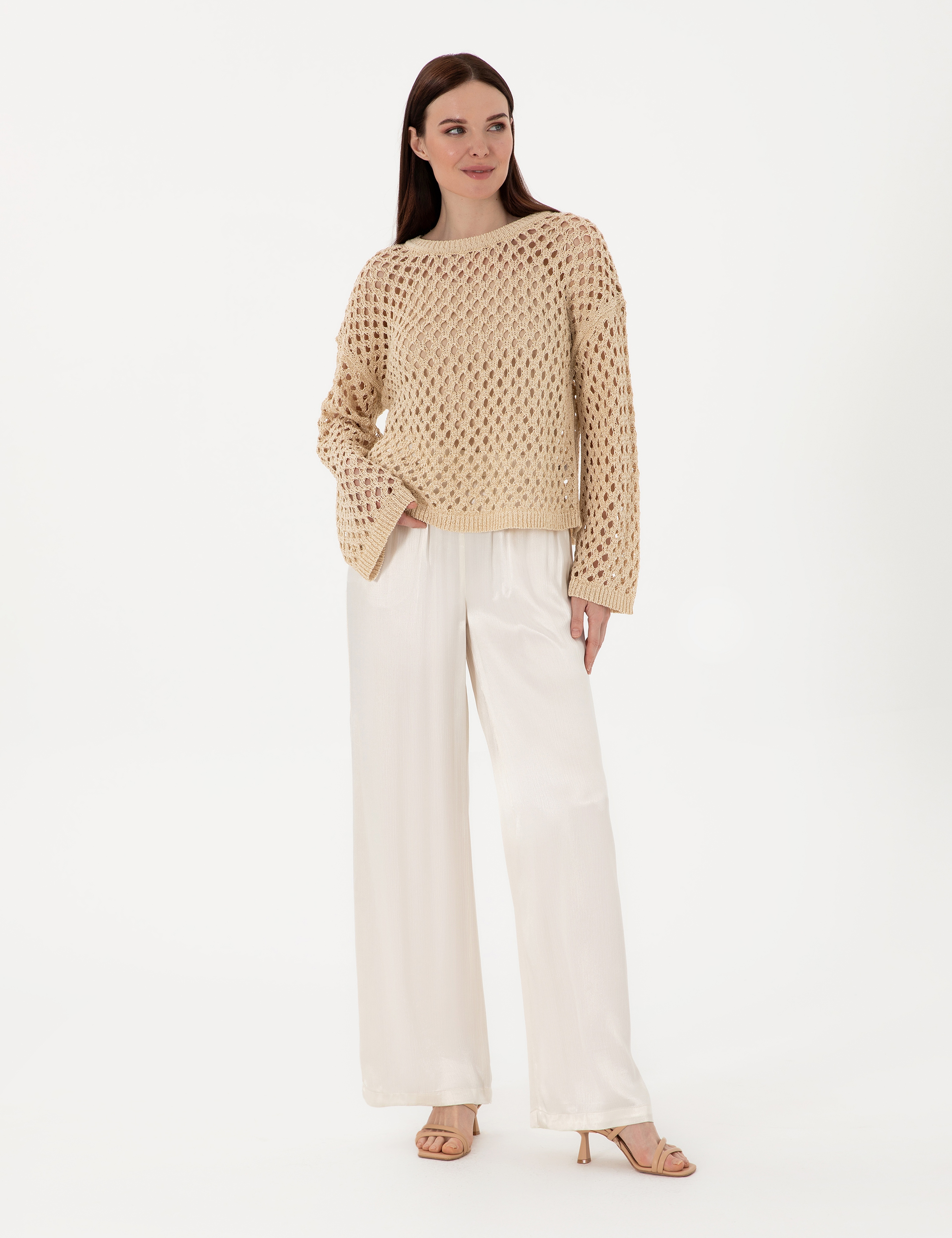 Ekru Saten Loose Fit Pantolon - Image 3