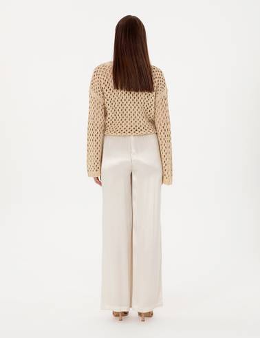 Ekru Saten Loose Fit Pantolon