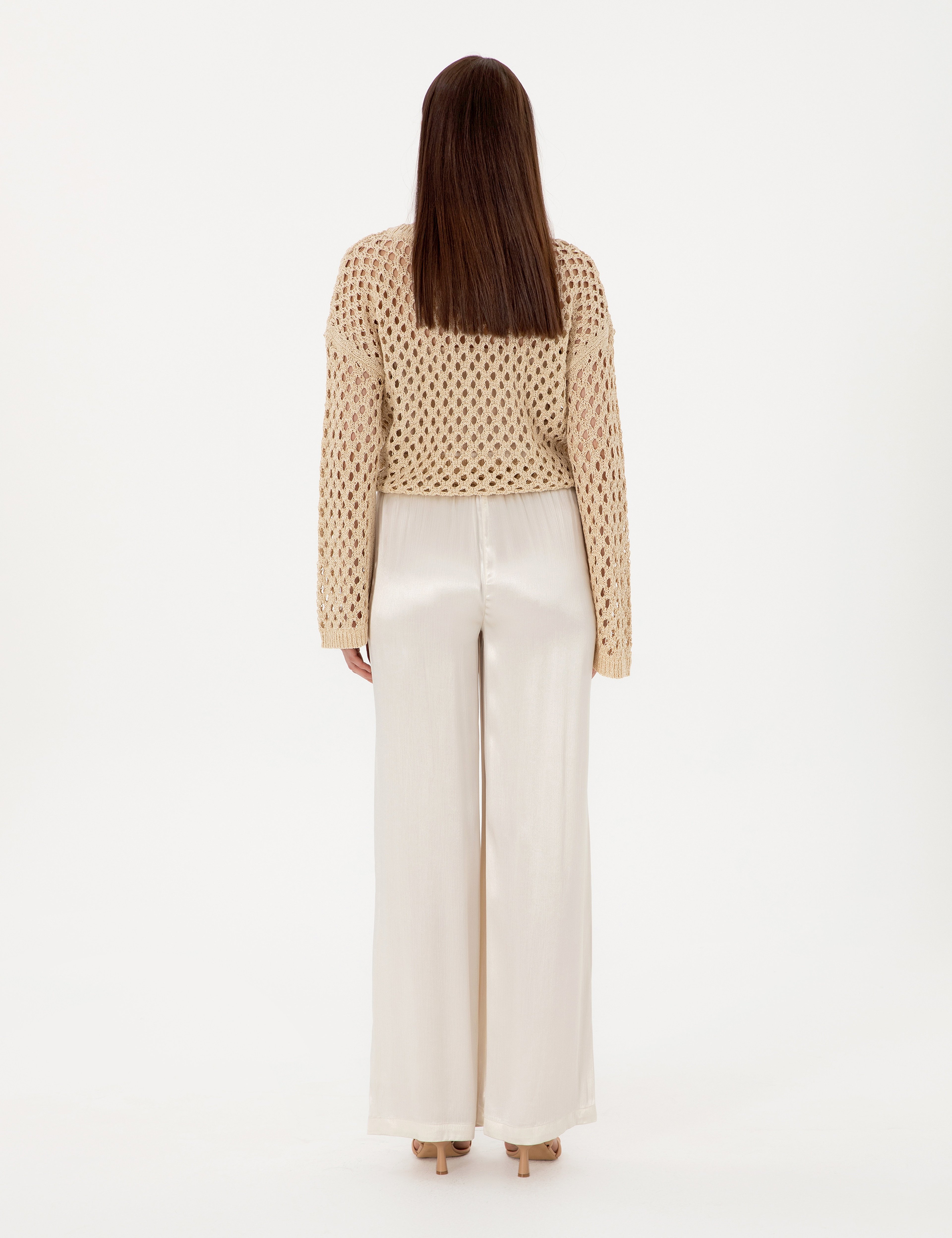 Ekru Saten Loose Fit Pantolon - Image 4