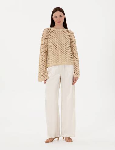 Ekru Saten Loose Fit Pantolon