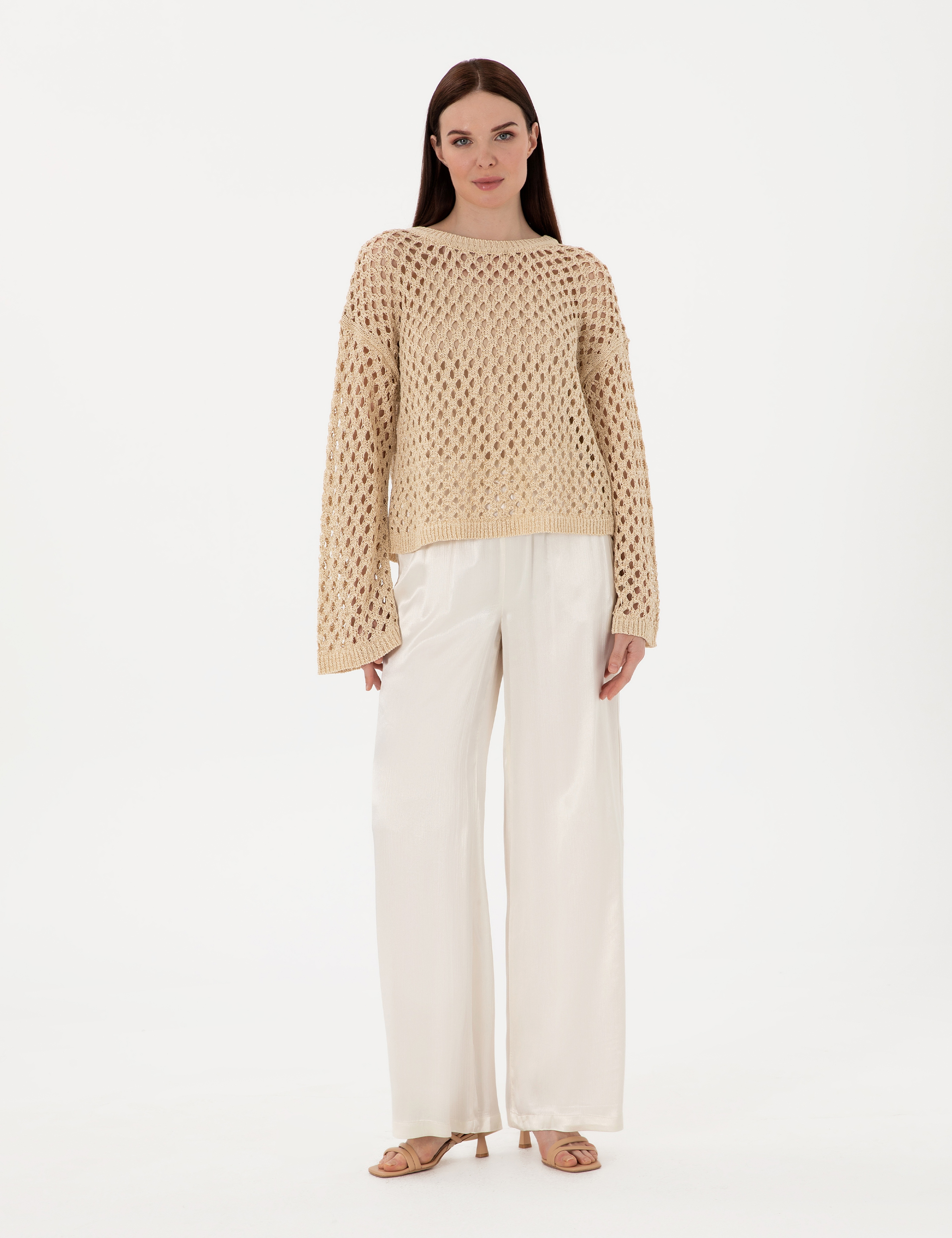 Ekru Saten Loose Fit Pantolon - Image 1