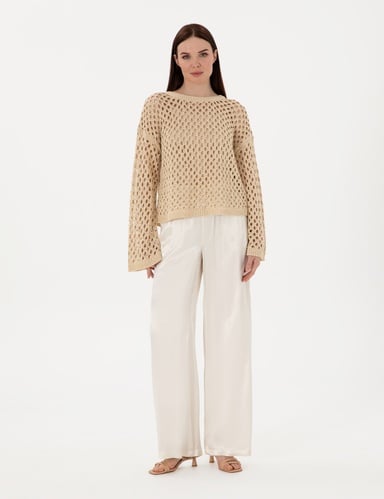 Ekru Saten Loose Fit Pantolon