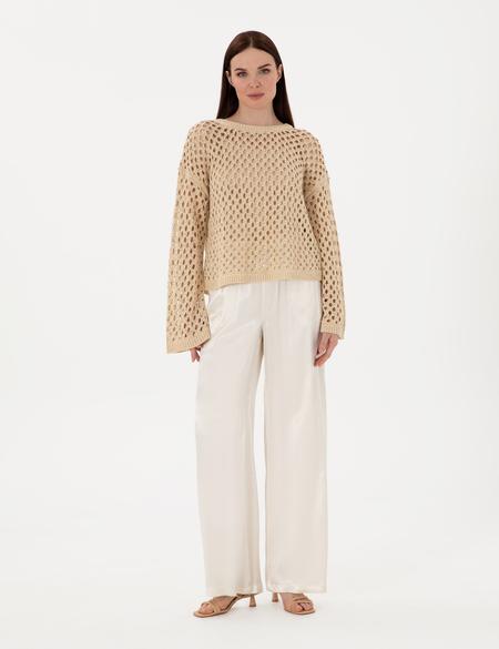 Ekru Saten Loose Fit Pantolon - 50301267003