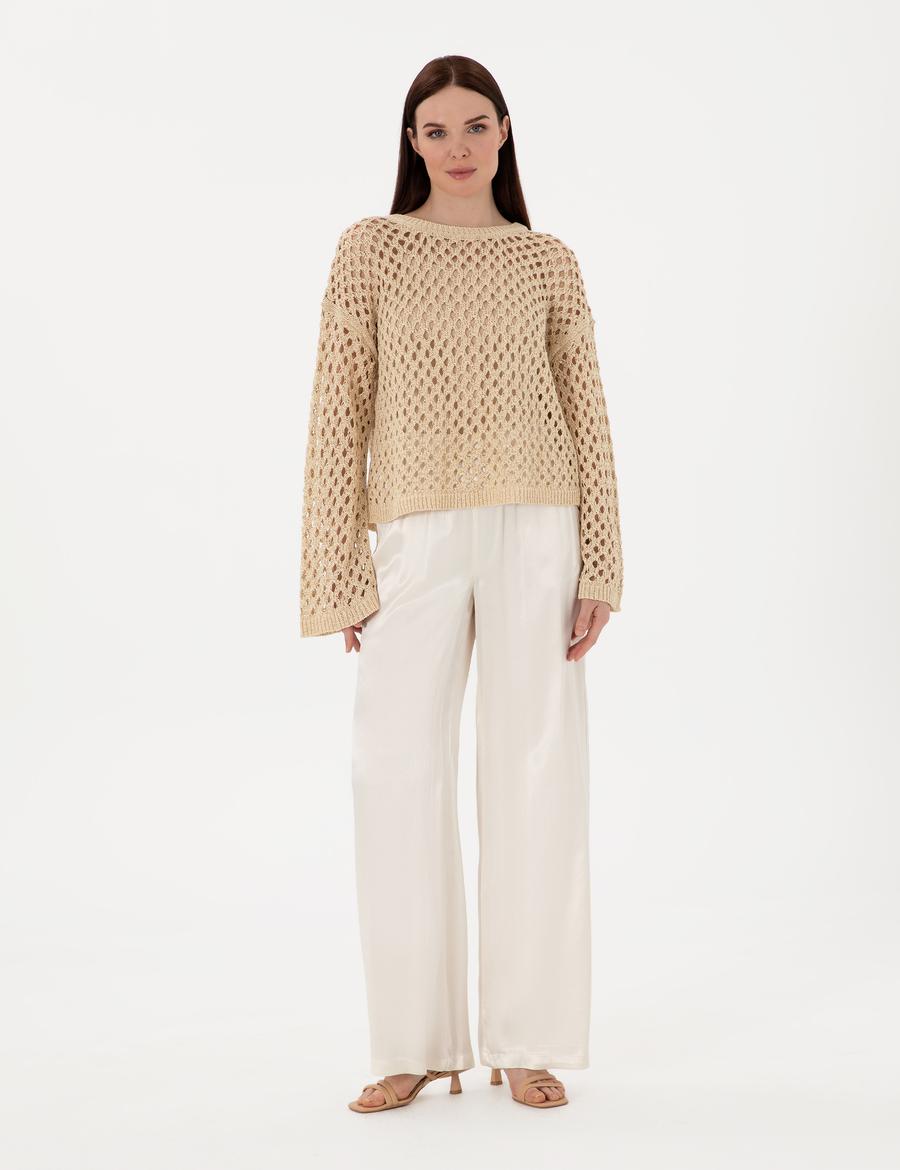 Ekru Saten Loose Fit Pantolon