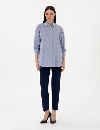 Mavi Çizgili Oversize Uzun Kollu Gömlek