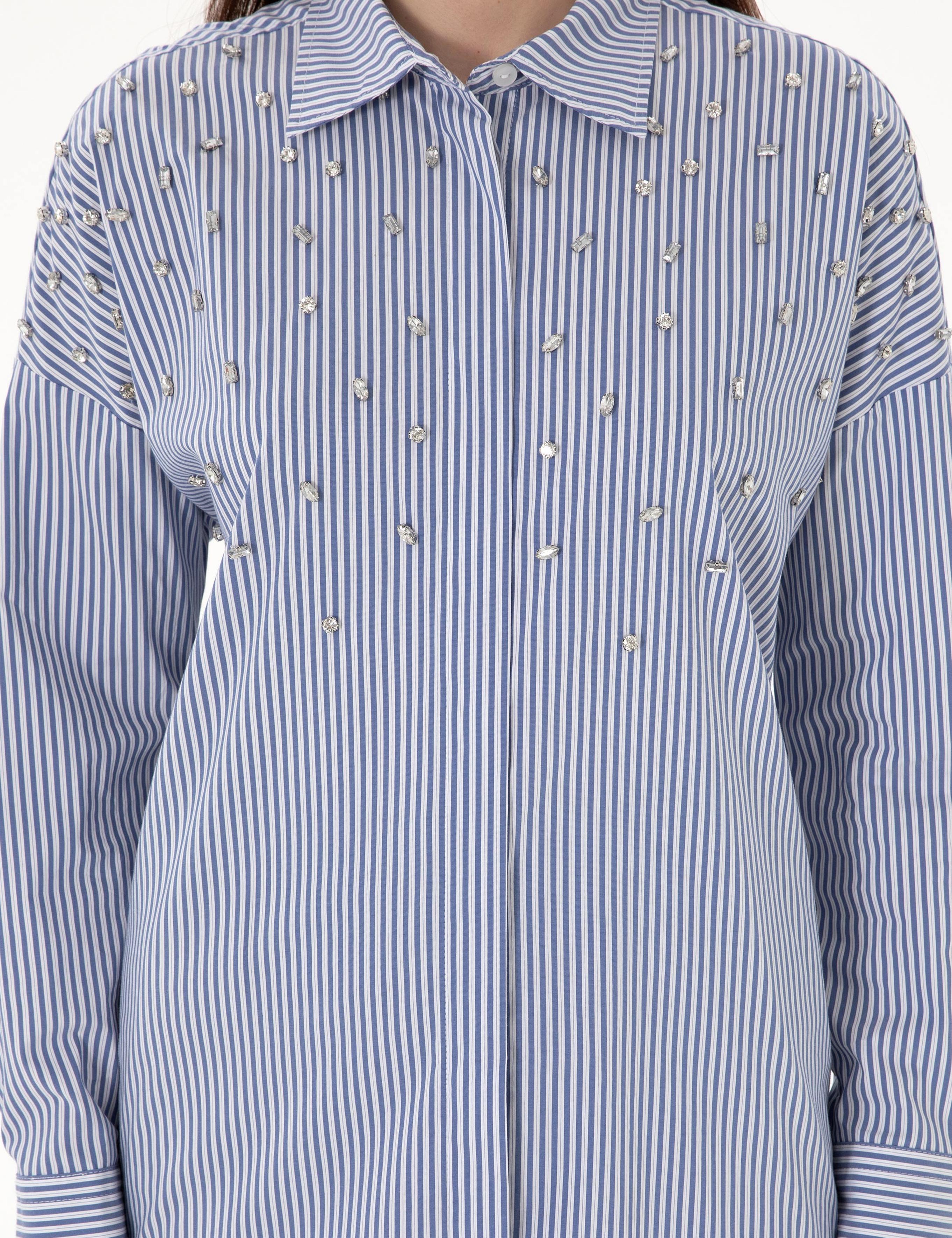 Mavi Çizgili Oversize Uzun Kollu Gömlek