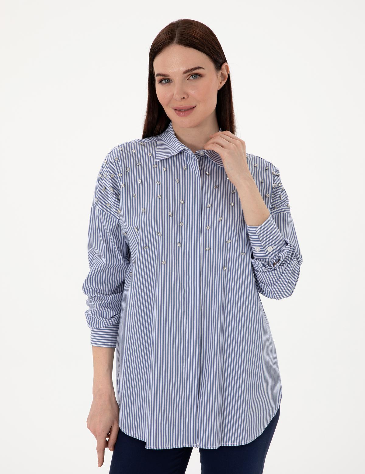Mavi Çizgili Oversize Uzun Kollu Gömlek - 50301125002