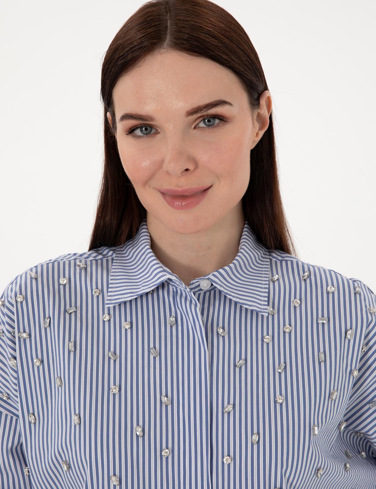 Mavi Çizgili Oversize Uzun Kollu Gömlek - 50301125002