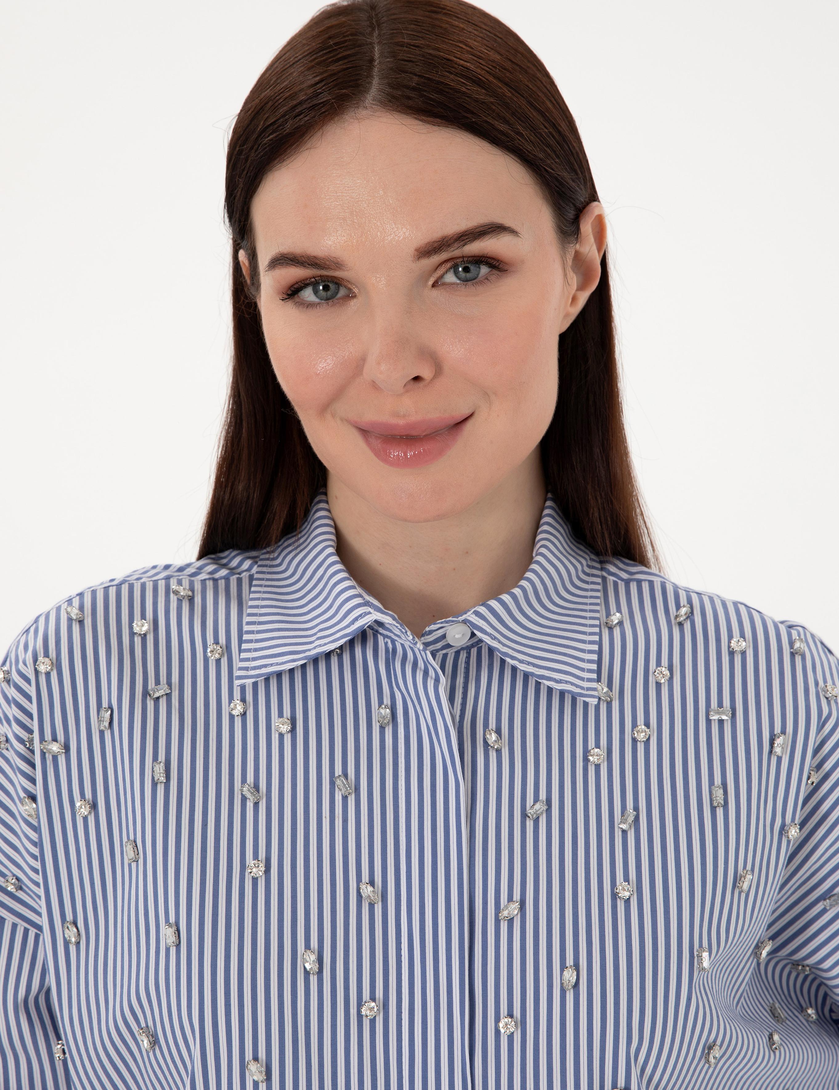 Mavi Çizgili Oversize Uzun Kollu Gömlek