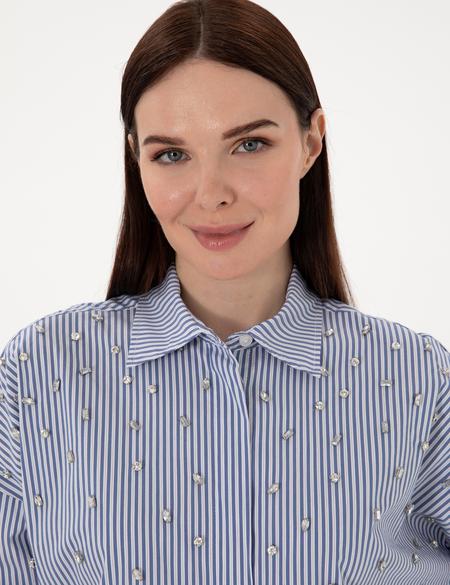 Mavi Çizgili Oversize Uzun Kollu Gömlek - 50301125002