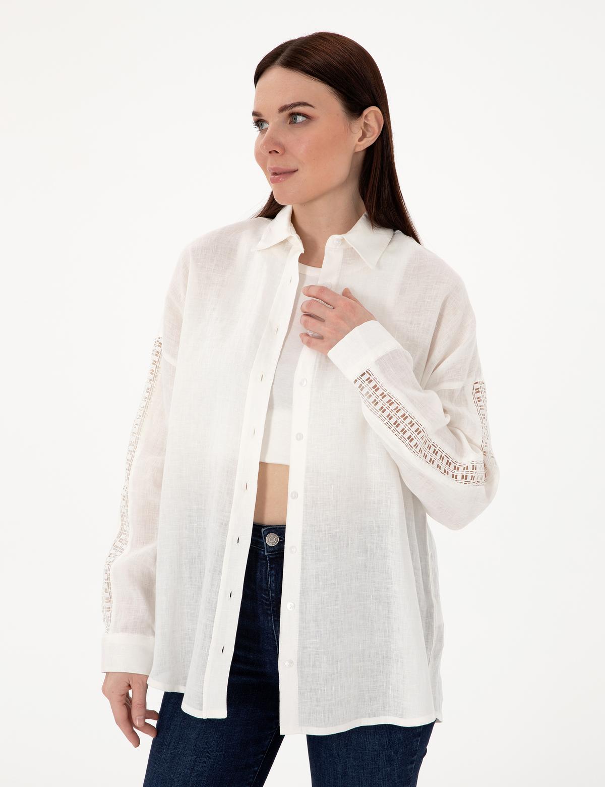 Beyaz Oversize Uzun Kollu %100 Keten Gömlek - 50301124001