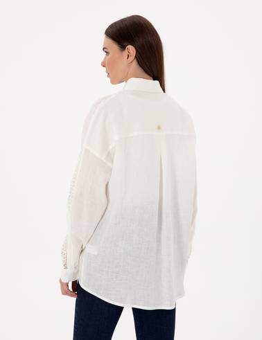 Beyaz Oversize Uzun Kollu %100 Keten Gömlek