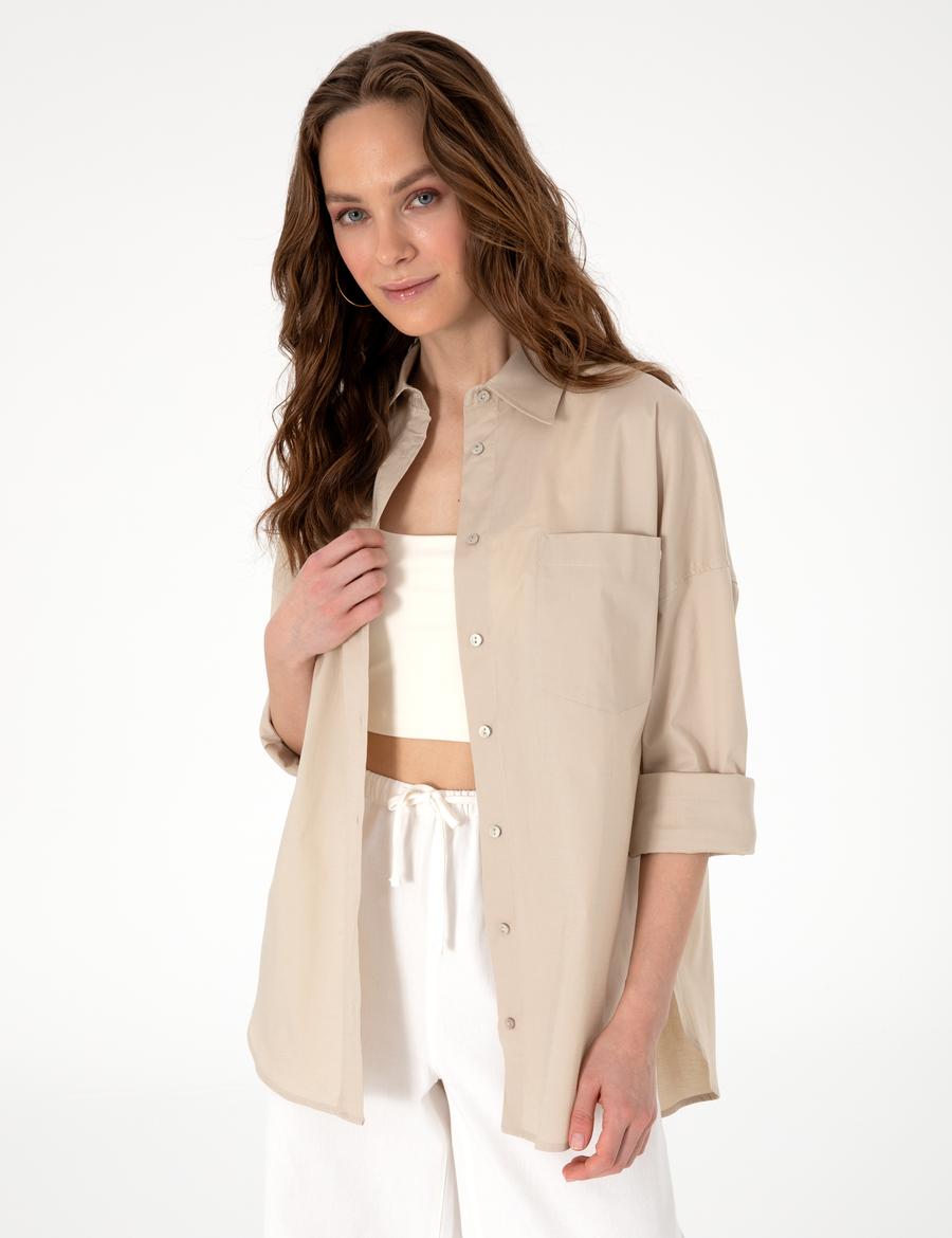 Kum Oversize Uzun Kollu Gömlek