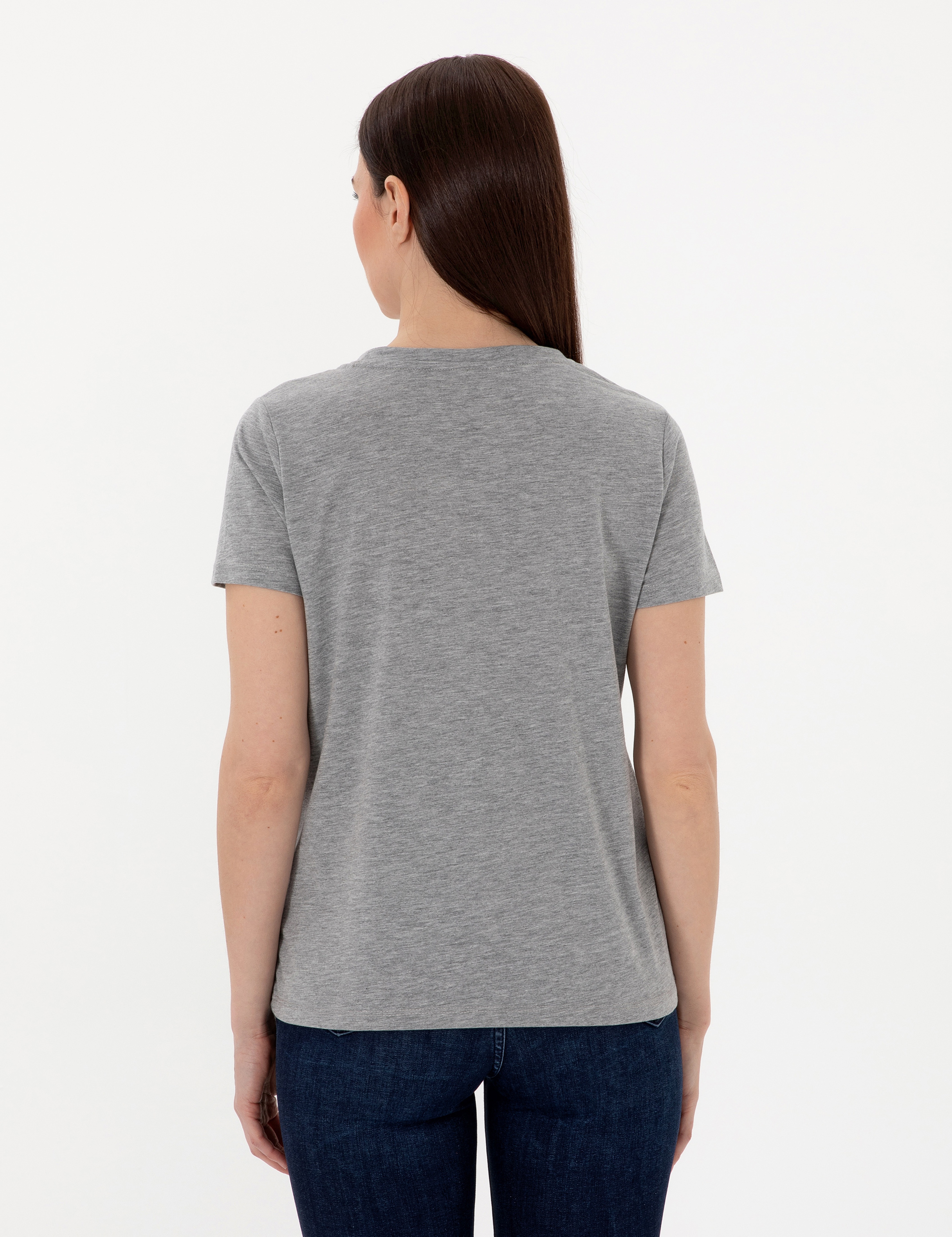 Gri Melanj Regular Fit V Yaka Basic Tişört - Image 5