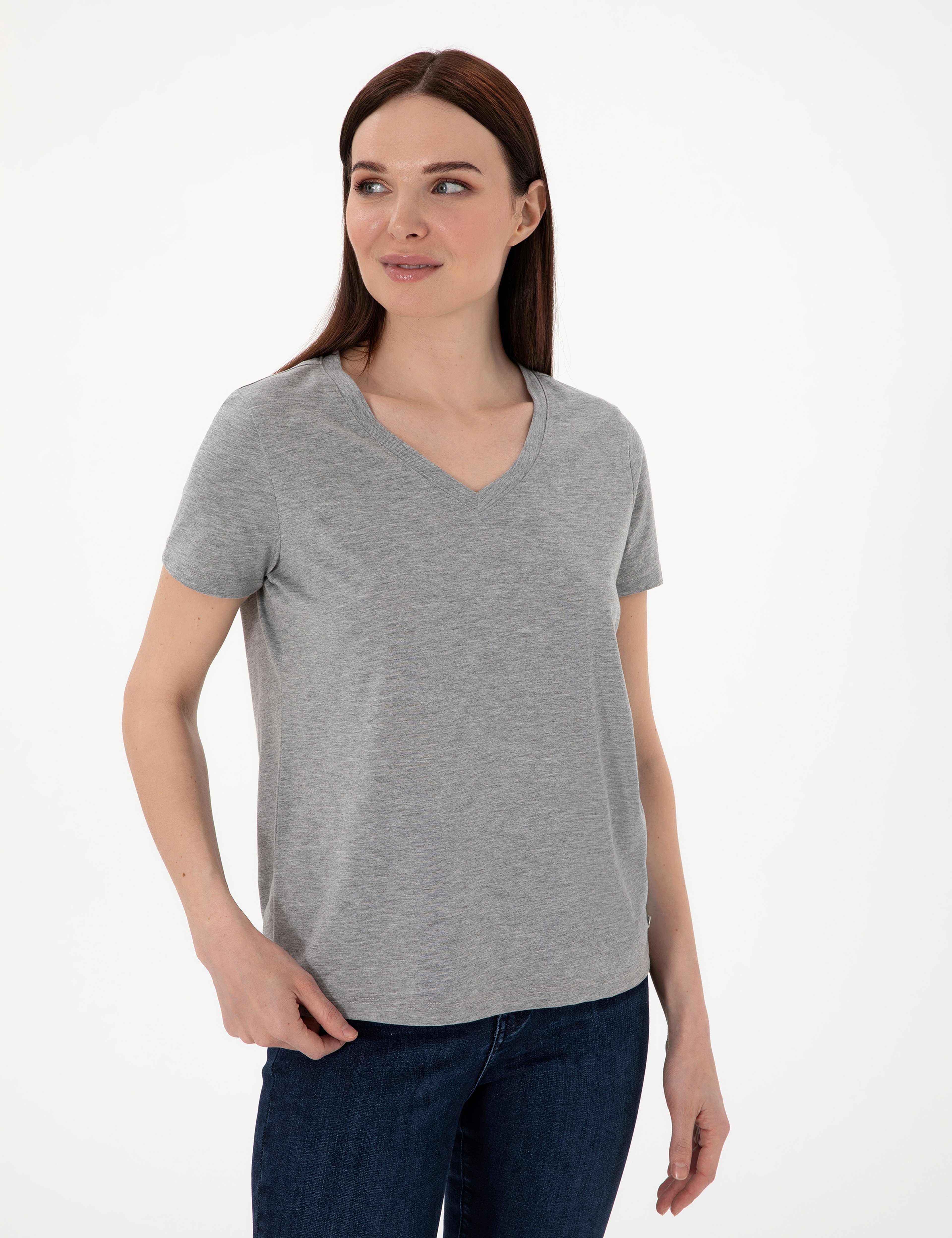 Gri Melanj Regular Fit V Yaka Basic Tişört