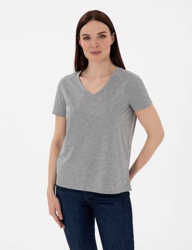 Gri Melanj Regular Fit V Yaka Basic Tişört
