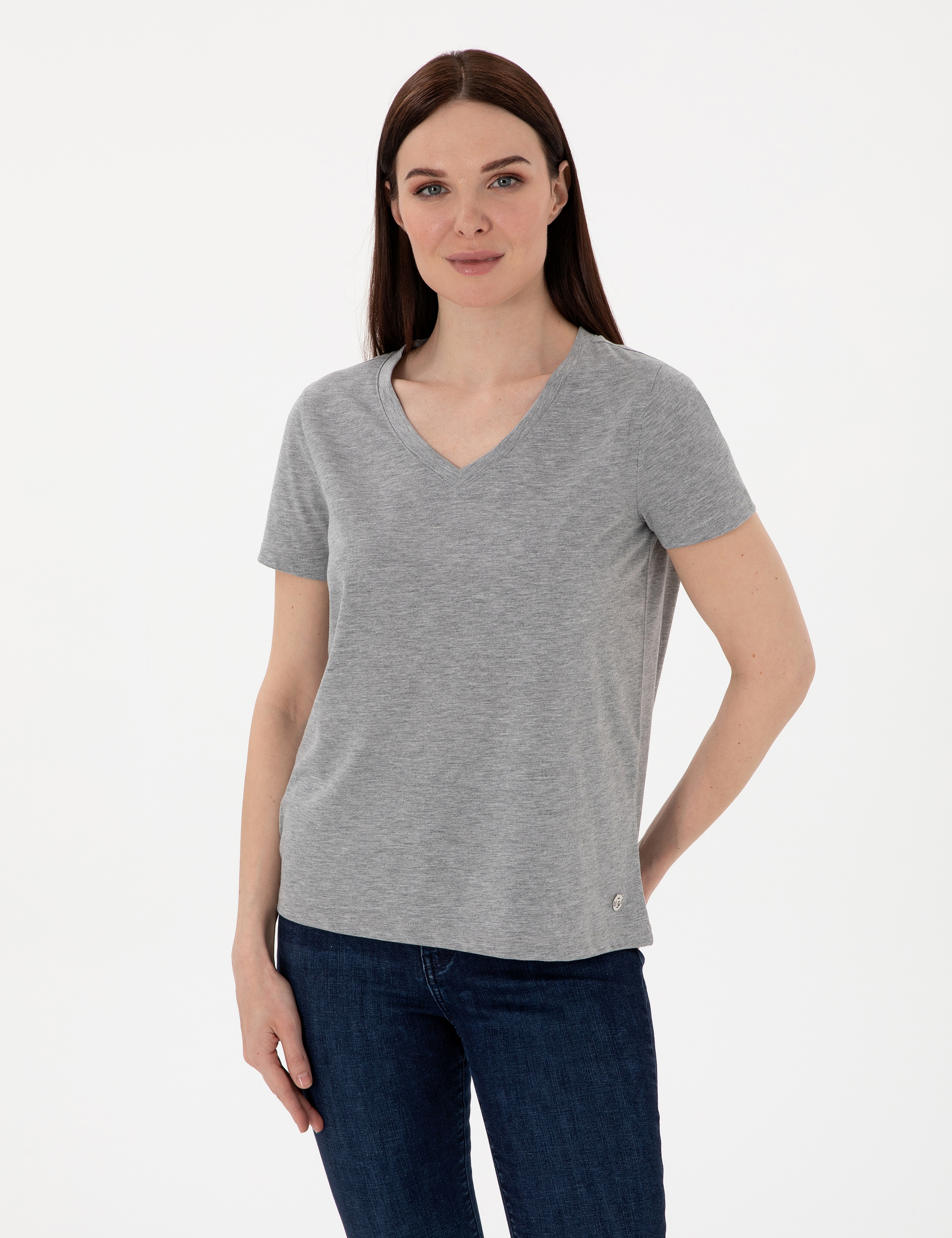 Gri Melanj Regular Fit V Yaka Basic Tişört - Image 1
