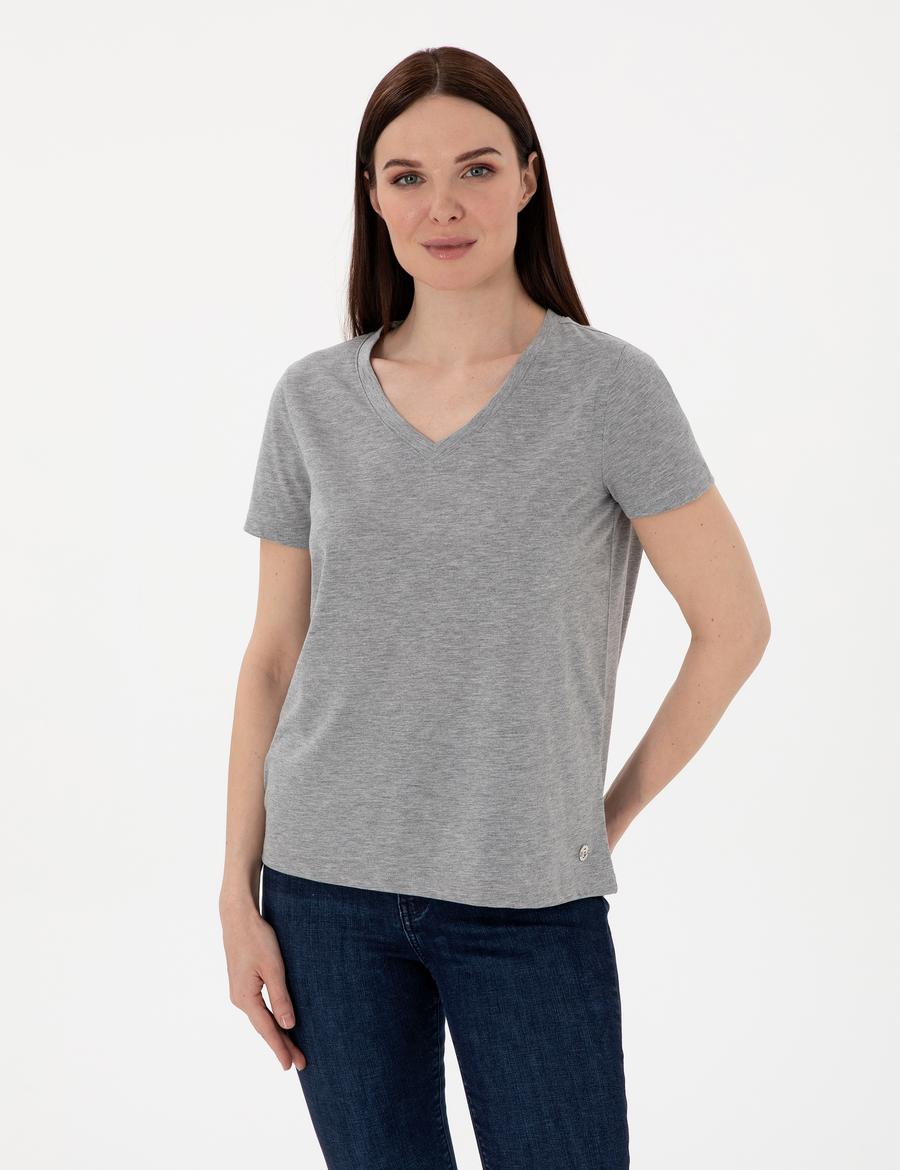 Gri Melanj Regular Fit V Yaka Basic Tişört