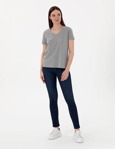 Gri Melanj Regular Fit V Yaka Basic Tişört