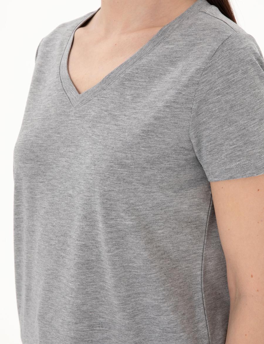 Gri Melanj Regular Fit V Yaka Basic Tişört