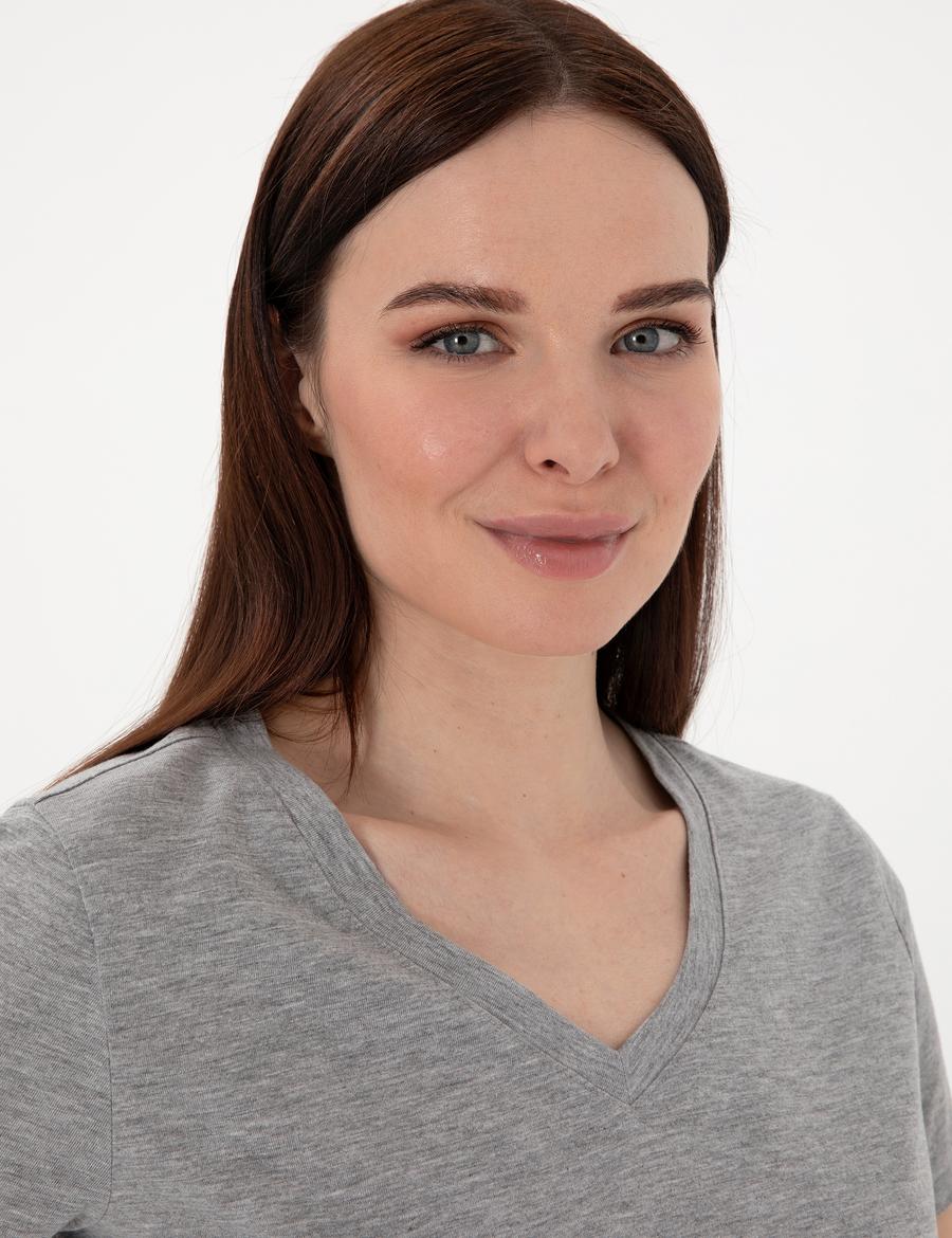 Gri Melanj Regular Fit V Yaka Basic Tişört