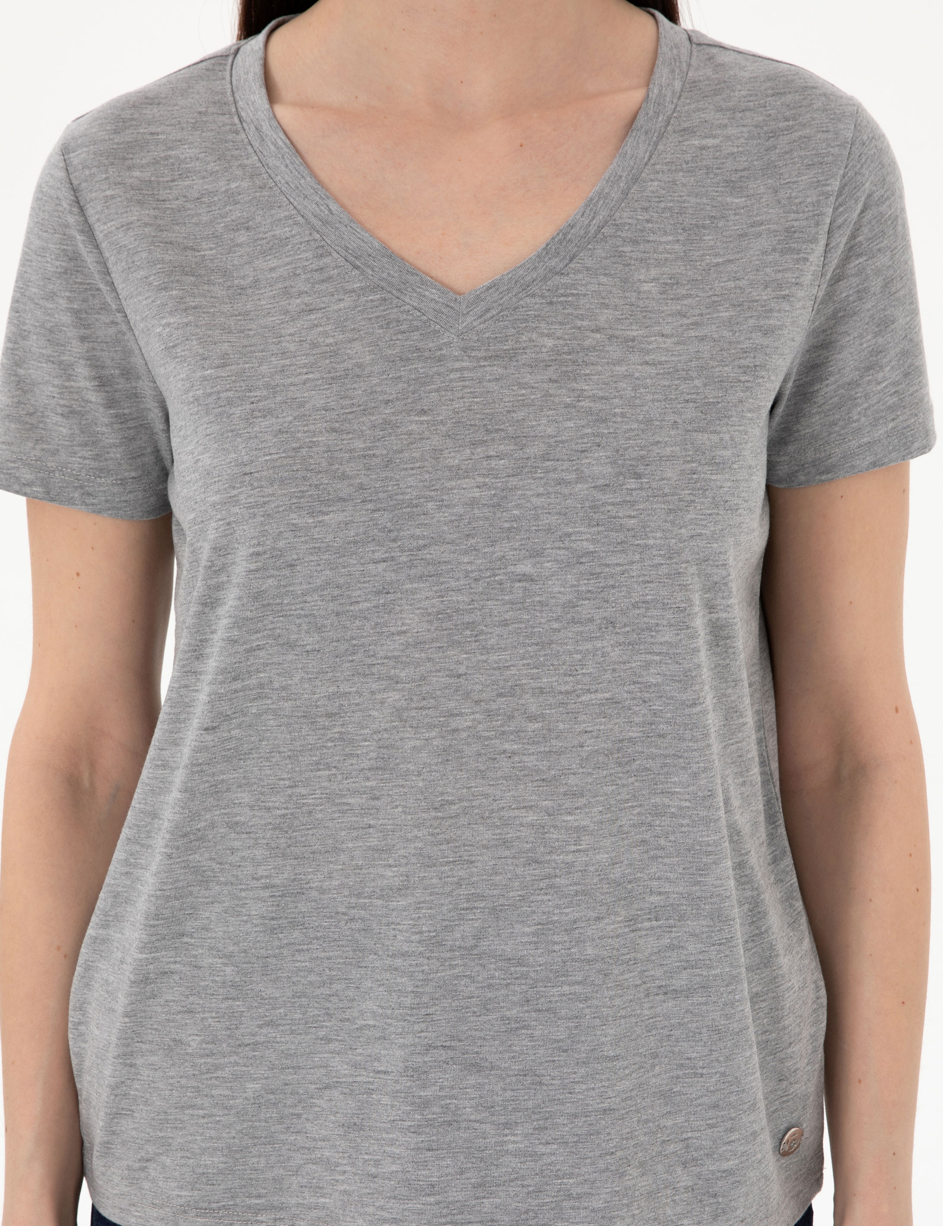 Gri Melanj Regular Fit V Yaka Basic Tişört - Image 6