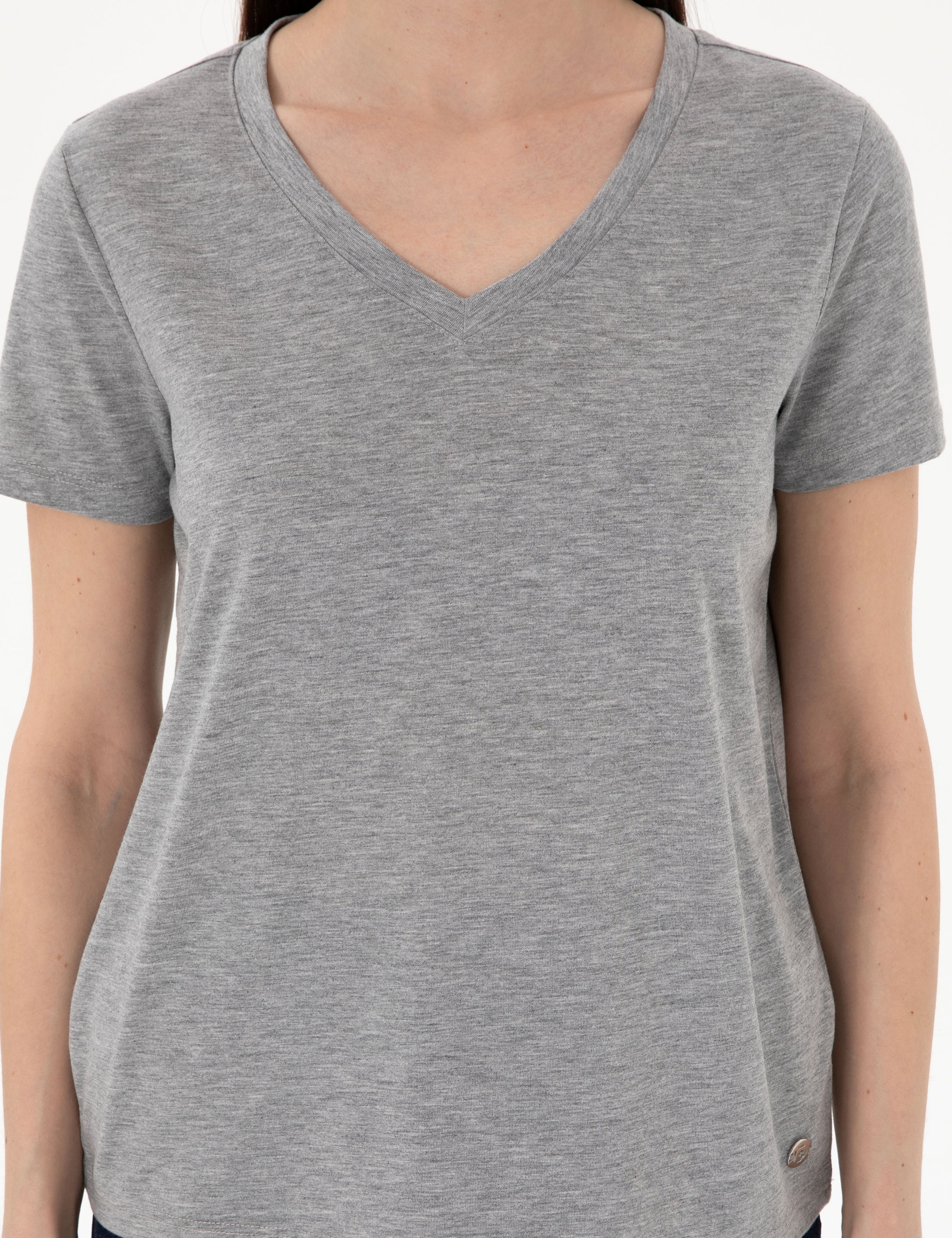 Gri Melanj Regular Fit V Yaka Basic Tişört