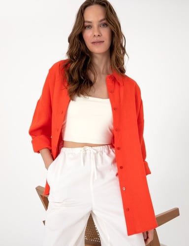 Nar Çiçeği Oversize Uzun Kollu %100 Keten Gömlek