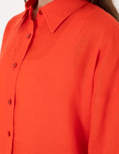 Nar Çiçeği Oversize Uzun Kollu %100 Keten Gömlek