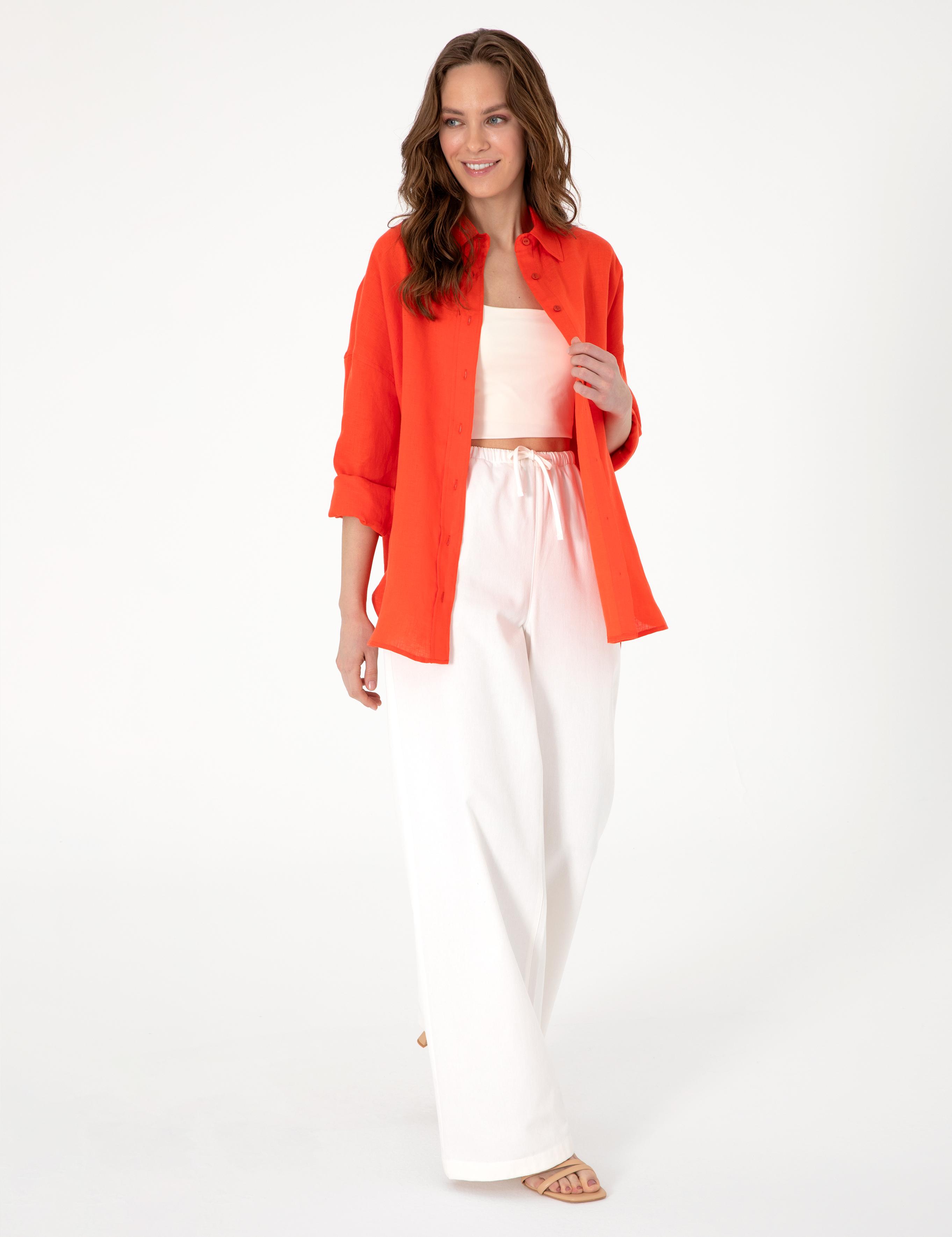 Nar Çiçeği Oversize Uzun Kollu %100 Keten Gömlek