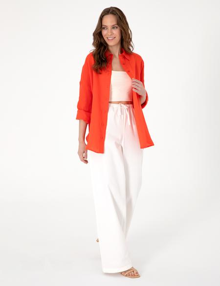 Nar Çiçeği Oversize Uzun Kollu %100 Keten Gömlek - 50301078011