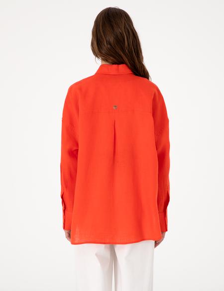 Nar Çiçeği Oversize Uzun Kollu %100 Keten Gömlek - 50301078011