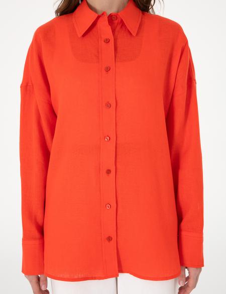 Nar Çiçeği Oversize Uzun Kollu %100 Keten Gömlek - 50301078011