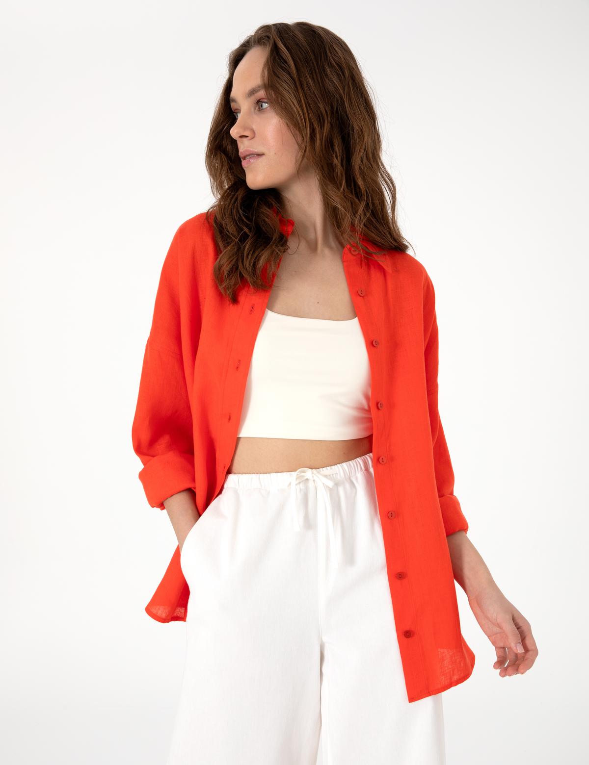 Nar Çiçeği Oversize Uzun Kollu %100 Keten Gömlek - 50301078011