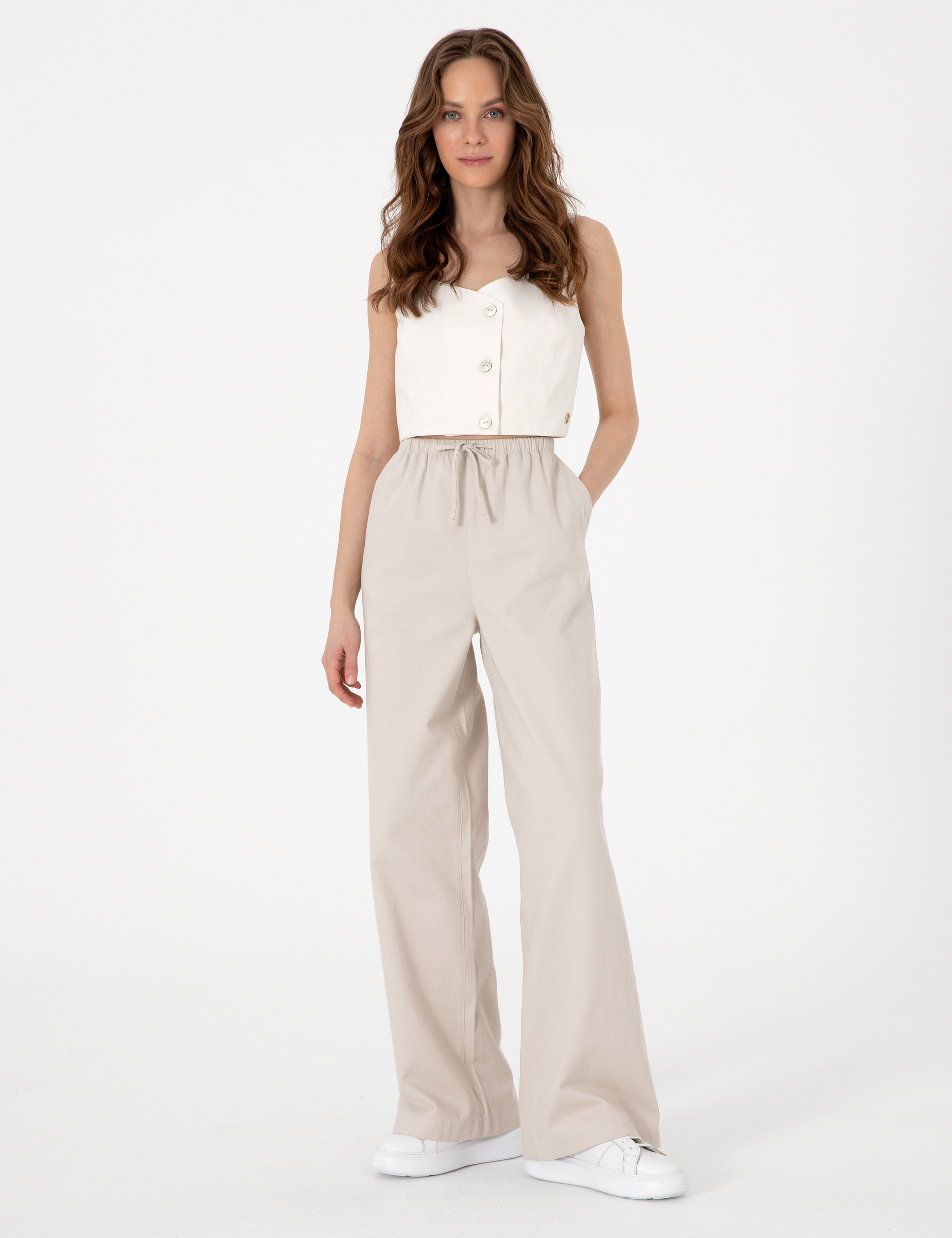 Bej Yüksek Bel Loose Fit Pantolon - Image 3
