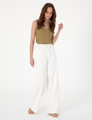 Beyaz Yüksek Bel Loose Fit Pantolon